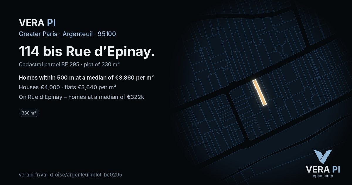 114 bis Rue d’Epinay, Argenteuil at night – the plot lit, the parcels around coloured by the prices near them