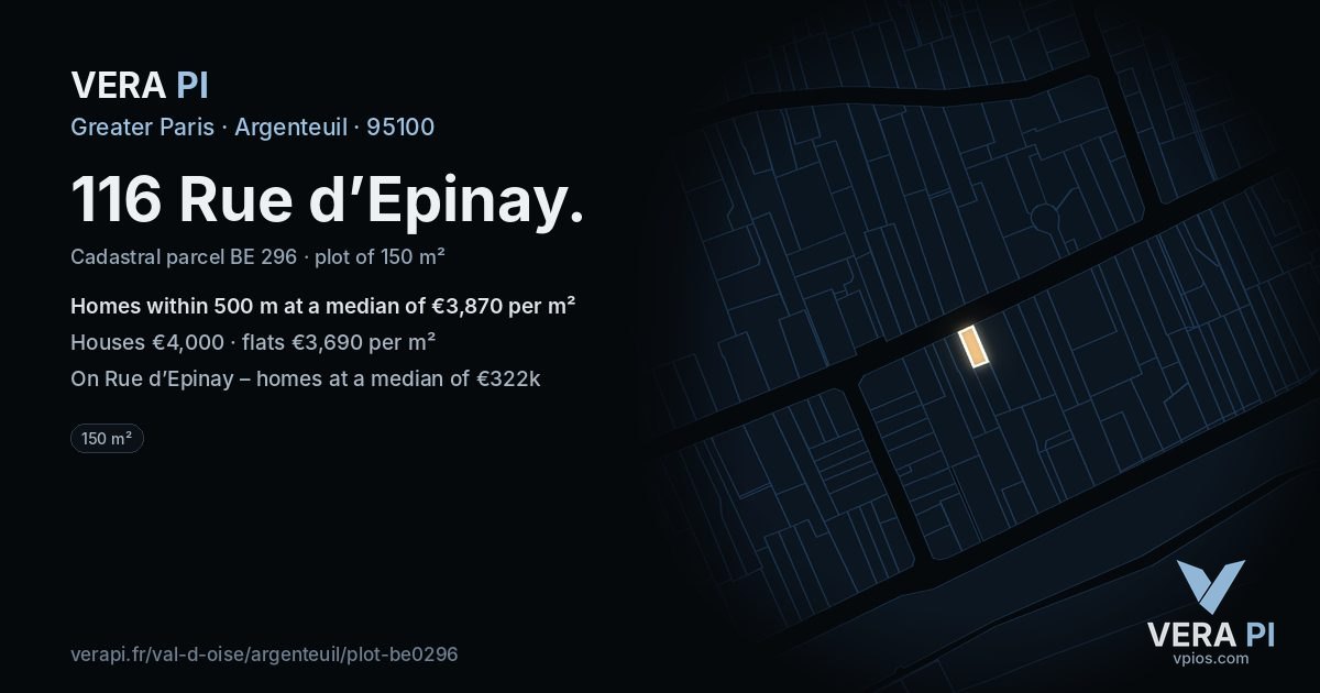116 Rue d’Epinay, Argenteuil at night – the plot lit, the parcels around coloured by the prices near them