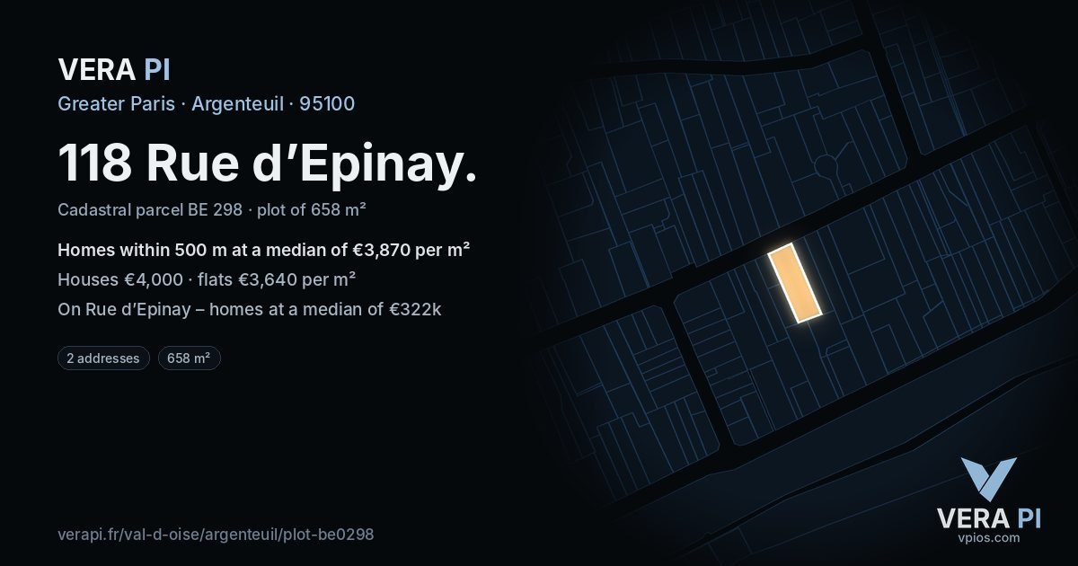 118 Rue d’Epinay, Argenteuil at night – the plot lit, the parcels around coloured by the prices near them