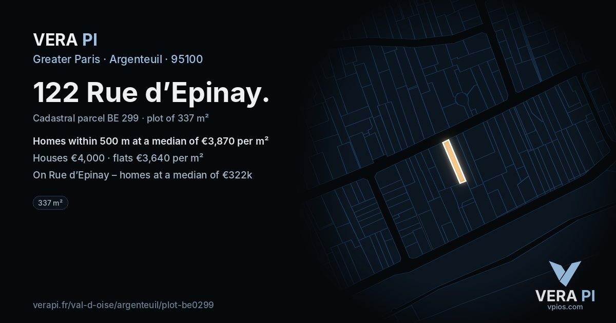 122 Rue d’Epinay, Argenteuil at night – the plot lit, the parcels around coloured by the prices near them