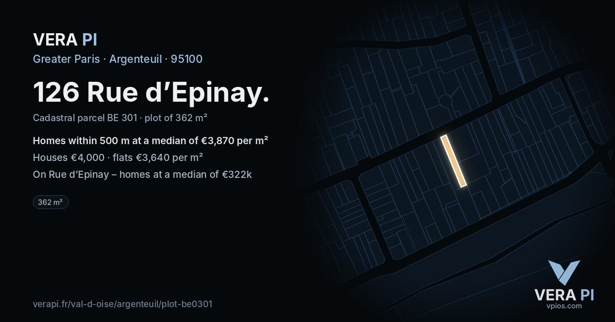 126 Rue d’Epinay, Argenteuil at night – the plot lit, the parcels around coloured by the prices near them