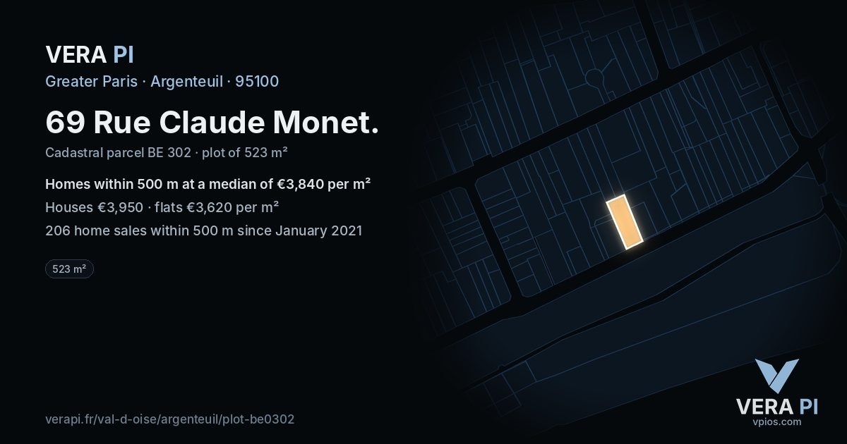 69 Rue Claude Monet, Argenteuil at night – the plot lit, the parcels around coloured by the prices near them