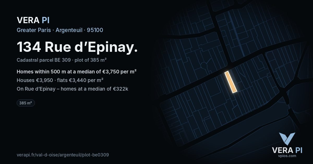 134 Rue d’Epinay, Argenteuil at night – the plot lit, the parcels around coloured by the prices near them