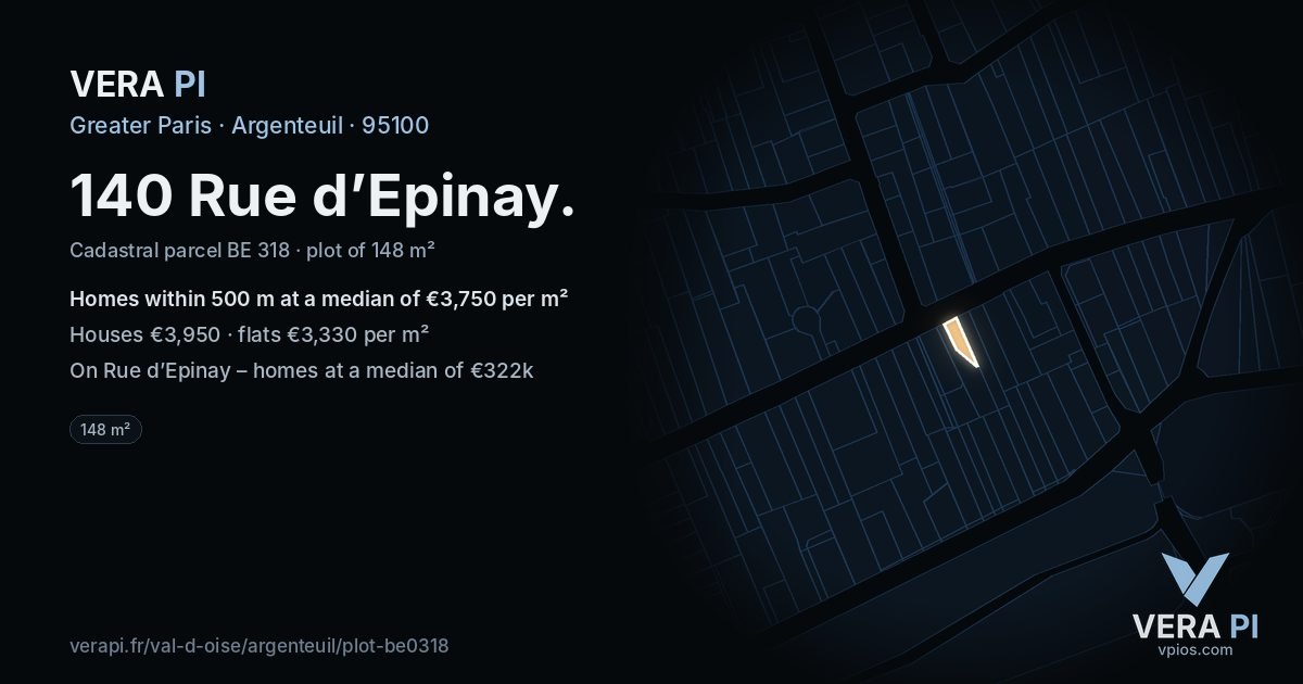 140 Rue d’Epinay, Argenteuil at night – the plot lit, the parcels around coloured by the prices near them