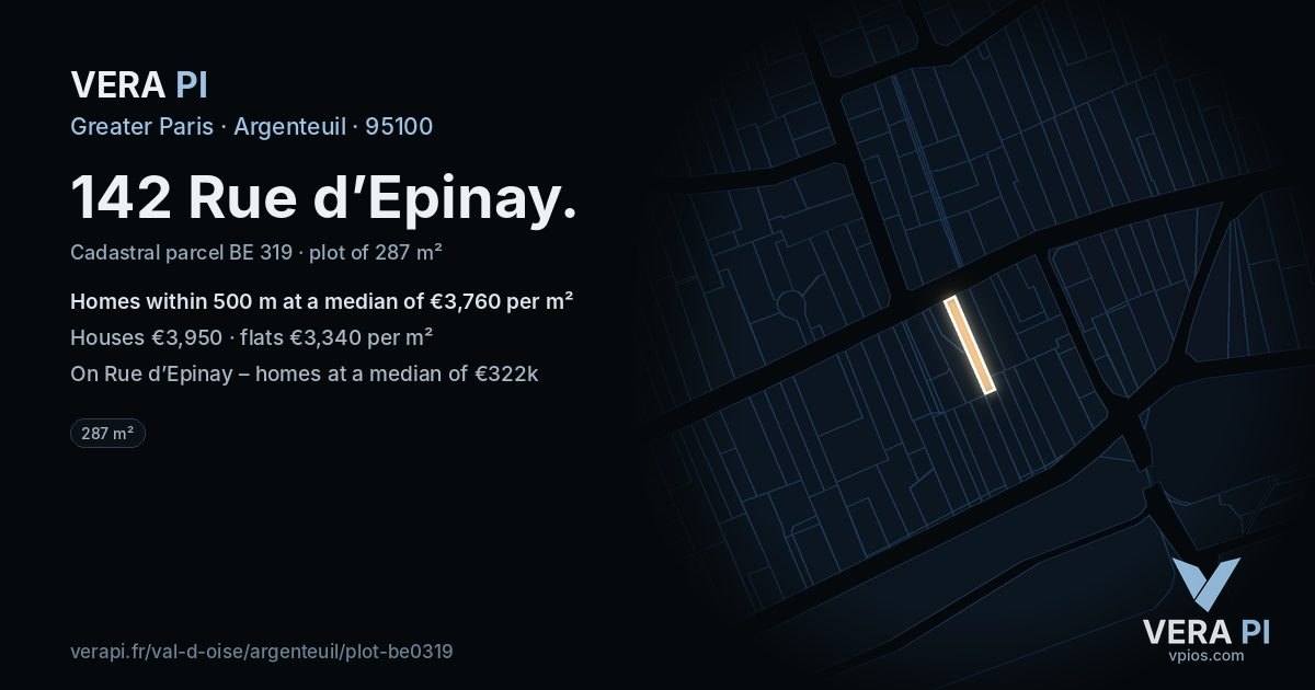 142 Rue d’Epinay, Argenteuil at night – the plot lit, the parcels around coloured by the prices near them
