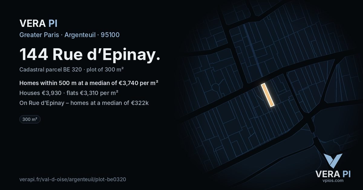 144 Rue d’Epinay, Argenteuil at night – the plot lit, the parcels around coloured by the prices near them