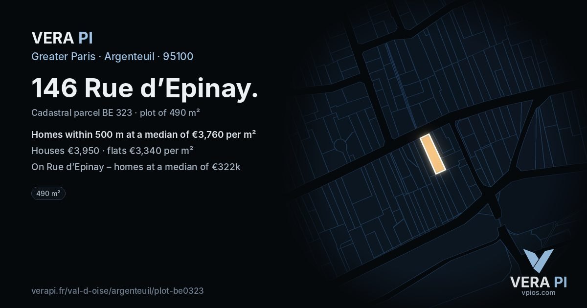 146 Rue d’Epinay, Argenteuil at night – the plot lit, the parcels around coloured by the prices near them