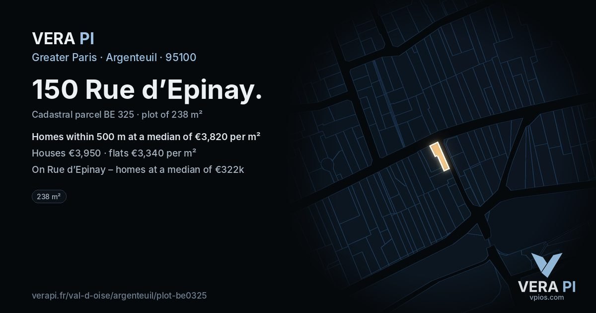 150 Rue d’Epinay, Argenteuil at night – the plot lit, the parcels around coloured by the prices near them