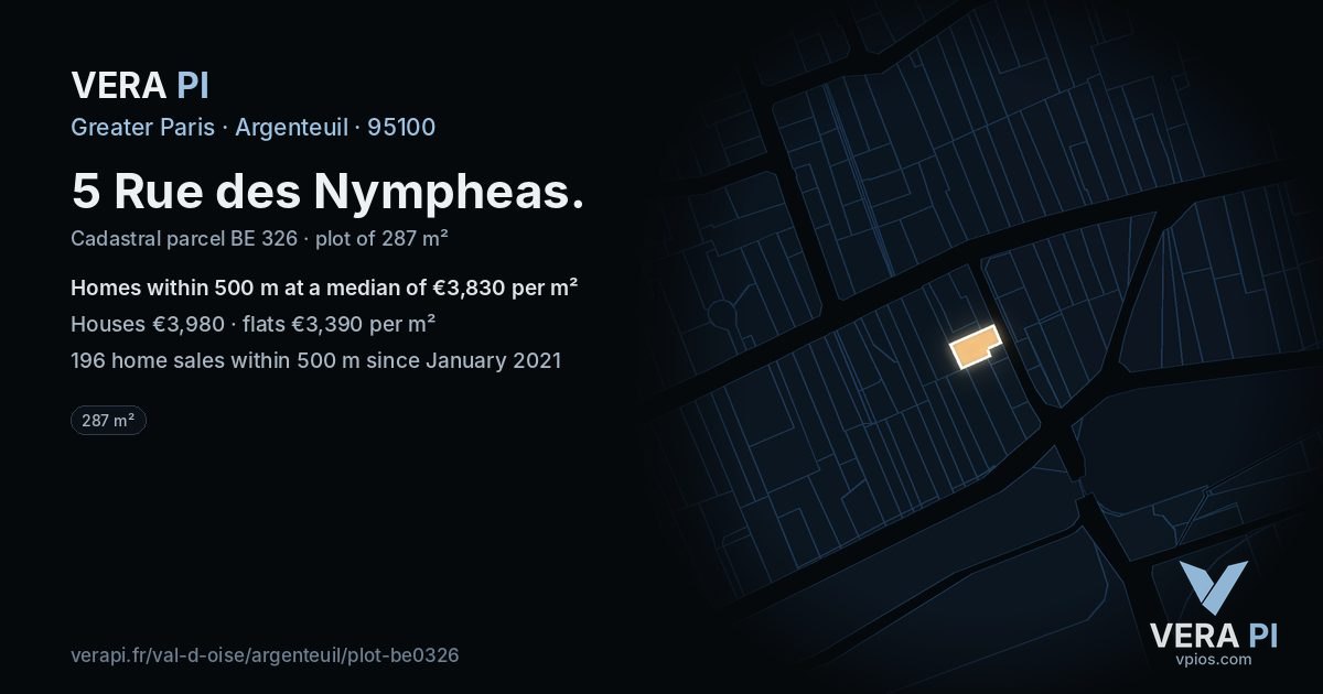 5 Rue des Nympheas, Argenteuil at night – the plot lit, the parcels around coloured by the prices near them
