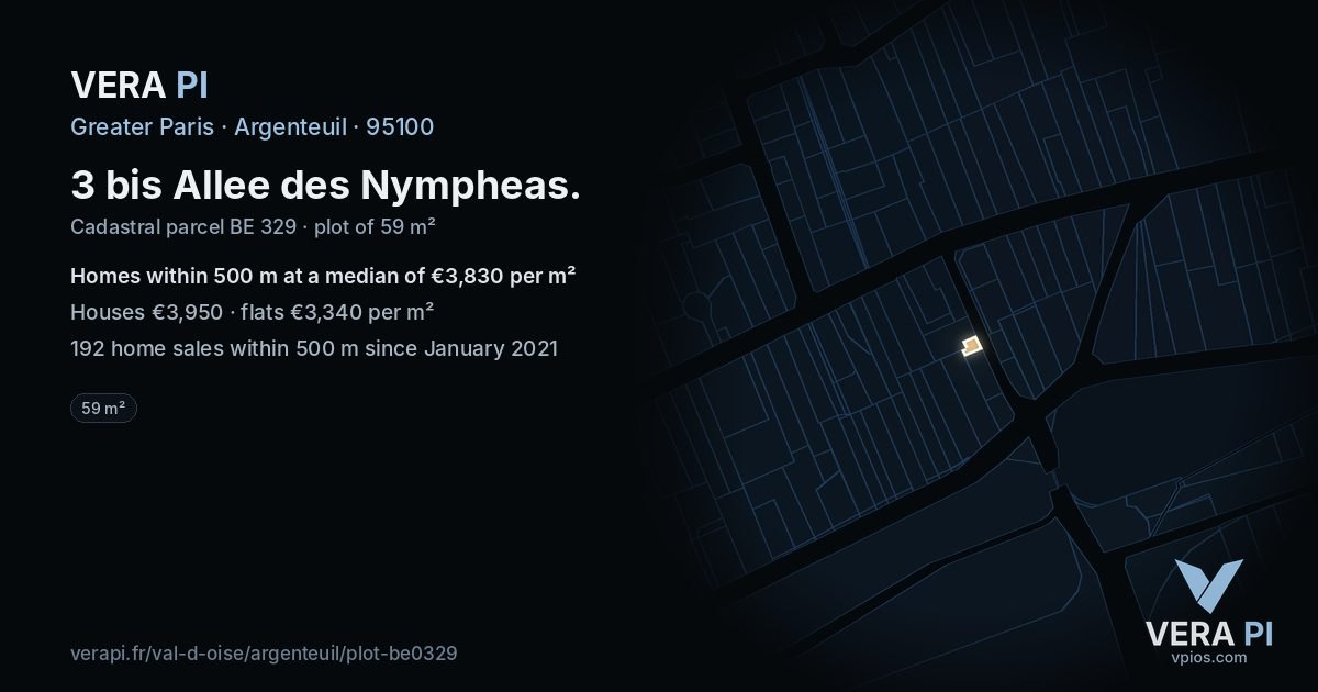 3 bis Allee des Nympheas, Argenteuil at night – the plot lit, the parcels around coloured by the prices near them