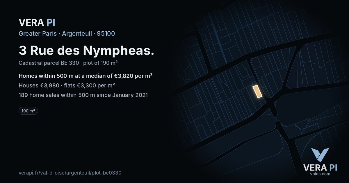 3 Rue des Nympheas, Argenteuil at night – the plot lit, the parcels around coloured by the prices near them