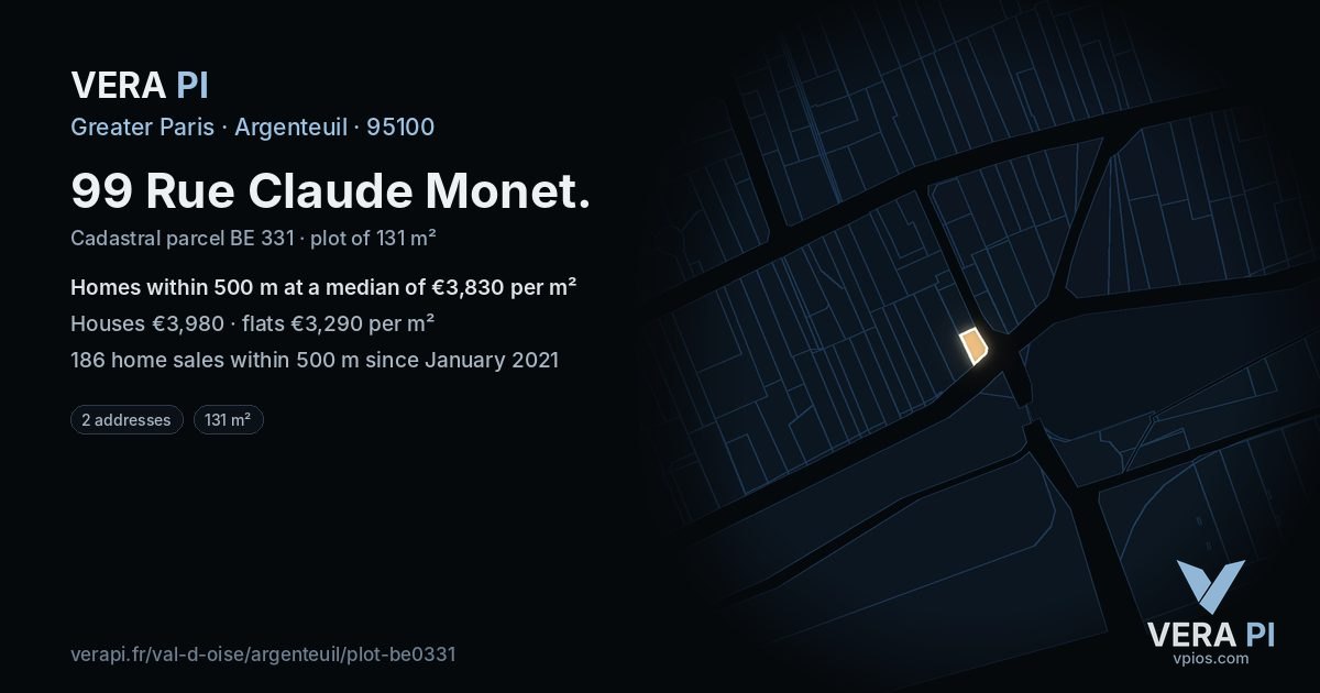 99 Rue Claude Monet, Argenteuil at night – the plot lit, the parcels around coloured by the prices near them