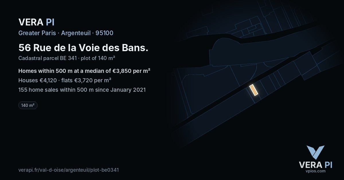 56 Rue de la Voie des Bans, Argenteuil at night – the plot lit, the parcels around coloured by the prices near them