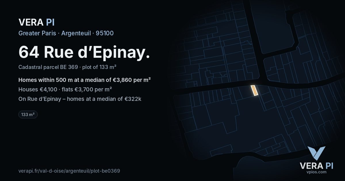 64 Rue d’Epinay, Argenteuil at night – the plot lit, the parcels around coloured by the prices near them
