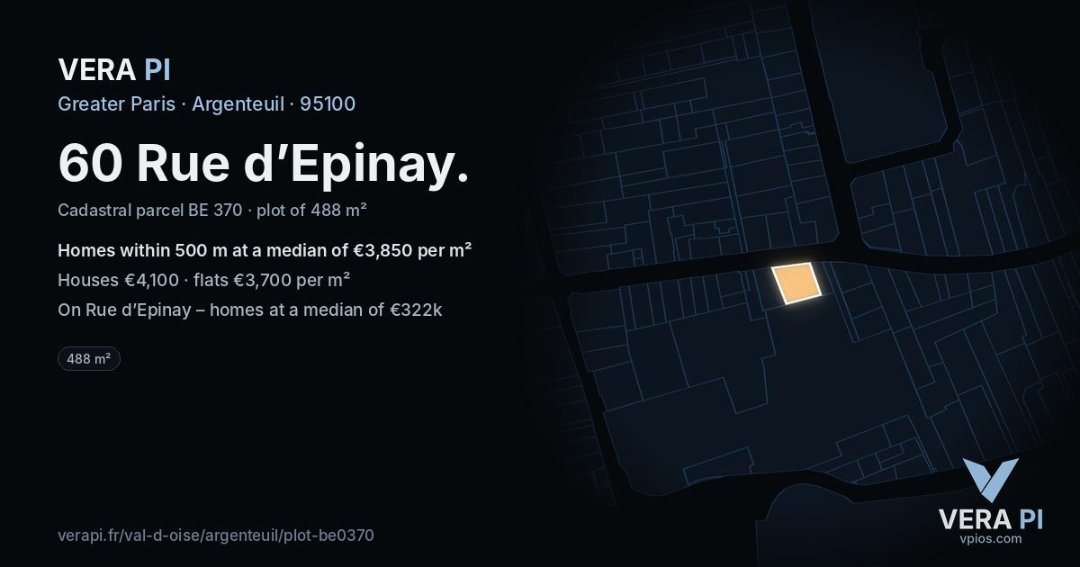60 Rue d’Epinay, Argenteuil at night – the plot lit, the parcels around coloured by the prices near them