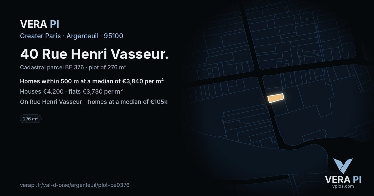 40 Rue Henri Vasseur, Argenteuil at night – the plot lit, the parcels around coloured by the prices near them
