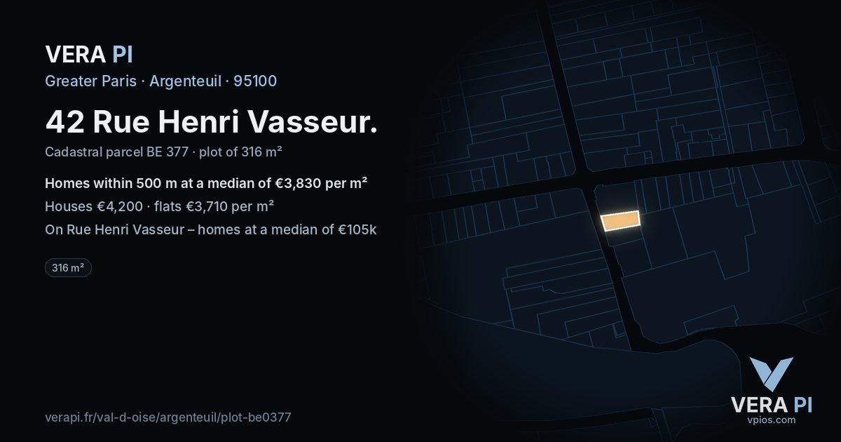 42 Rue Henri Vasseur, Argenteuil at night – the plot lit, the parcels around coloured by the prices near them