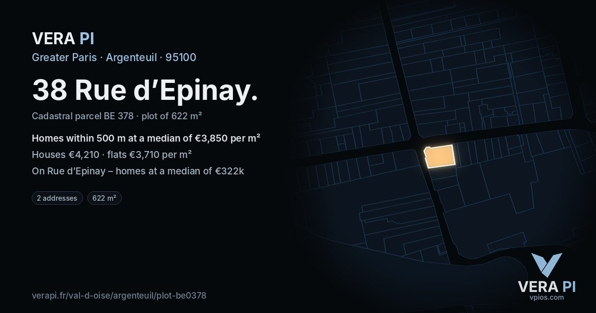 38 Rue d’Epinay, Argenteuil at night – the plot lit, the parcels around coloured by the prices near them