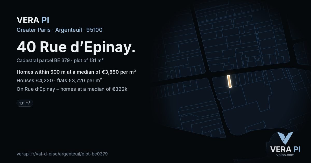 40 Rue d’Epinay, Argenteuil at night – the plot lit, the parcels around coloured by the prices near them