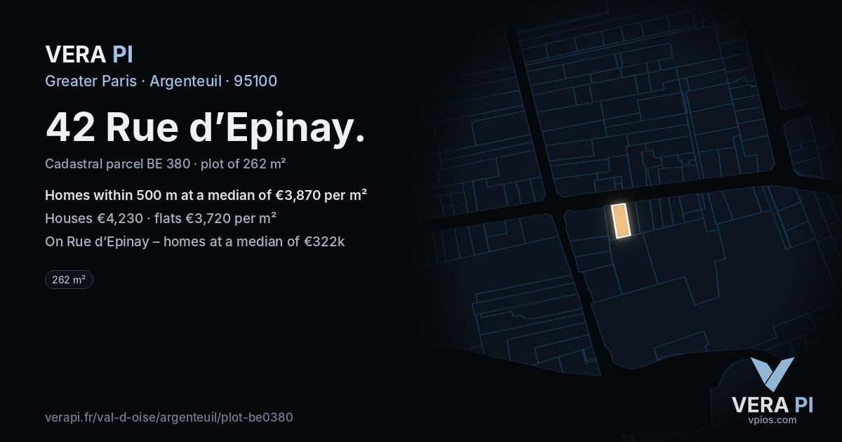 42 Rue d’Epinay, Argenteuil at night – the plot lit, the parcels around coloured by the prices near them