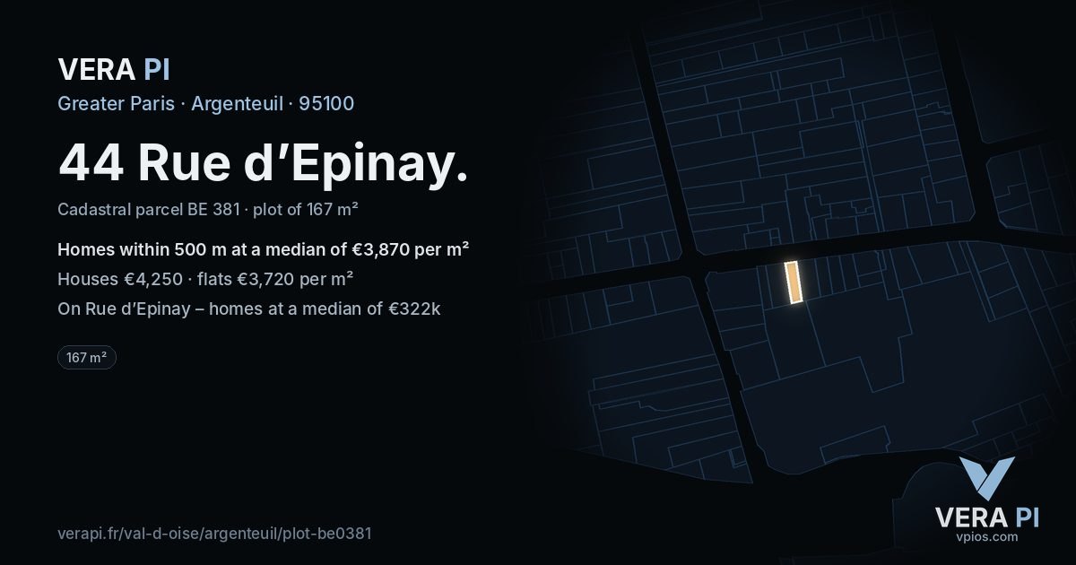 44 Rue d’Epinay, Argenteuil at night – the plot lit, the parcels around coloured by the prices near them
