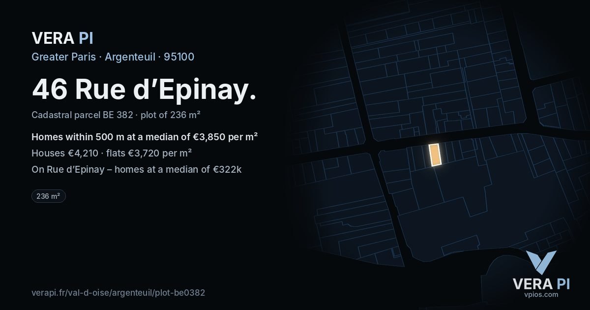 46 Rue d’Epinay, Argenteuil at night – the plot lit, the parcels around coloured by the prices near them