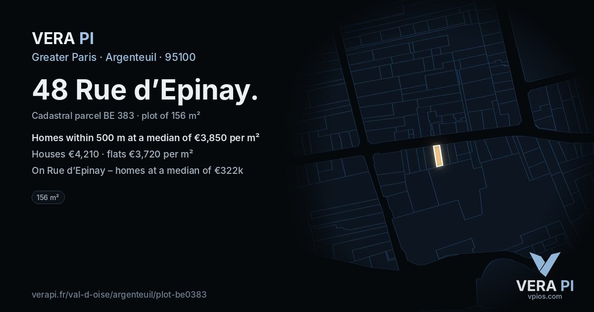 48 Rue d’Epinay, Argenteuil at night – the plot lit, the parcels around coloured by the prices near them