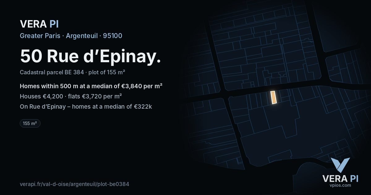 50 Rue d’Epinay, Argenteuil at night – the plot lit, the parcels around coloured by the prices near them