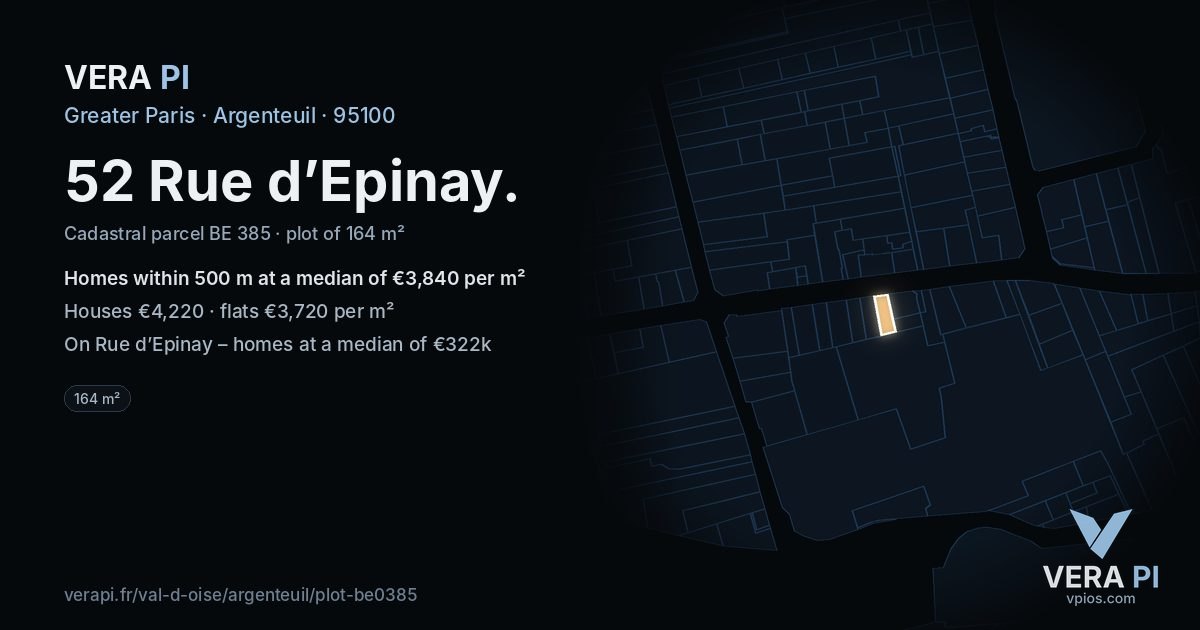 52 Rue d’Epinay, Argenteuil at night – the plot lit, the parcels around coloured by the prices near them