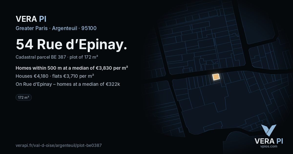 54 Rue d’Epinay, Argenteuil at night – the plot lit, the parcels around coloured by the prices near them