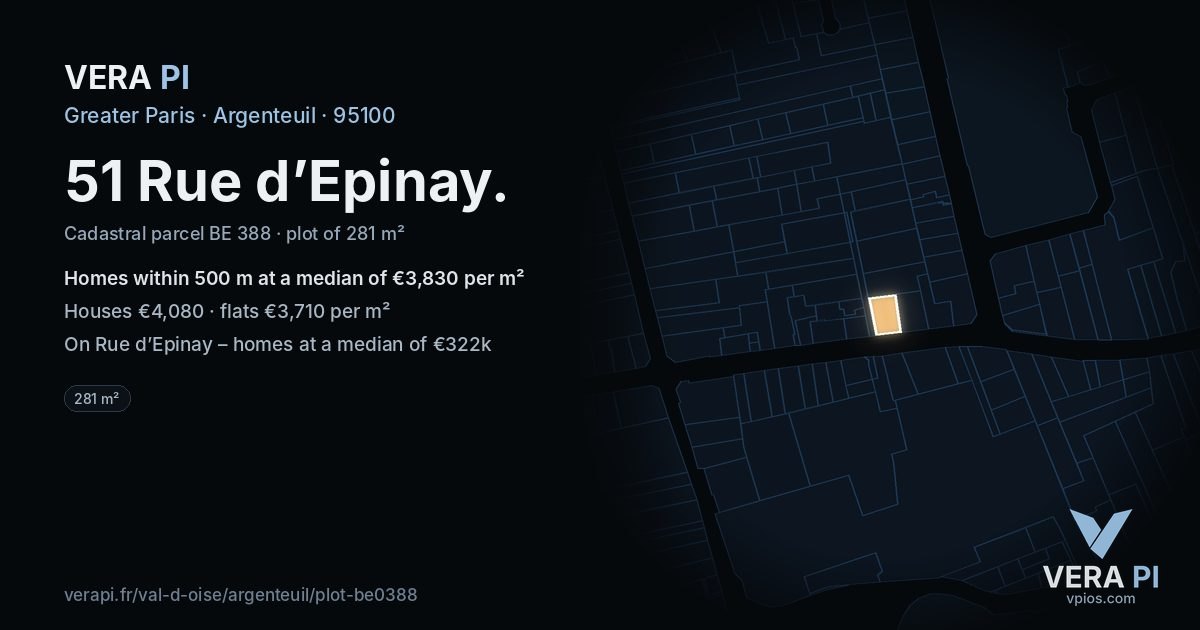 51 Rue d’Epinay, Argenteuil at night – the plot lit, the parcels around coloured by the prices near them