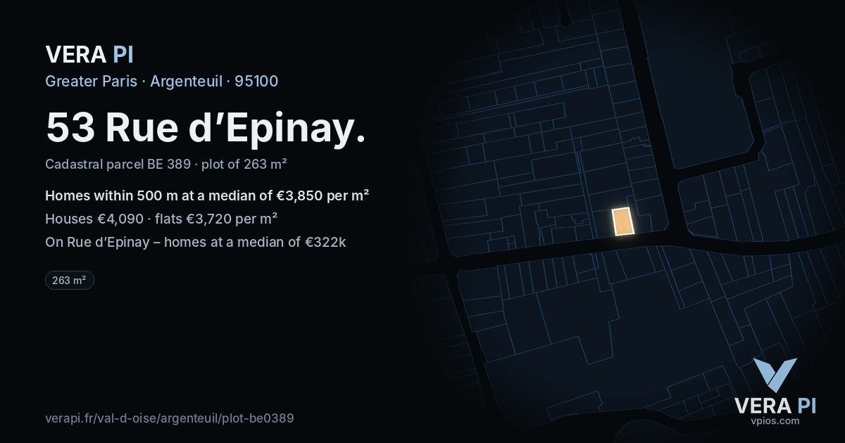 53 Rue d’Epinay, Argenteuil at night – the plot lit, the parcels around coloured by the prices near them