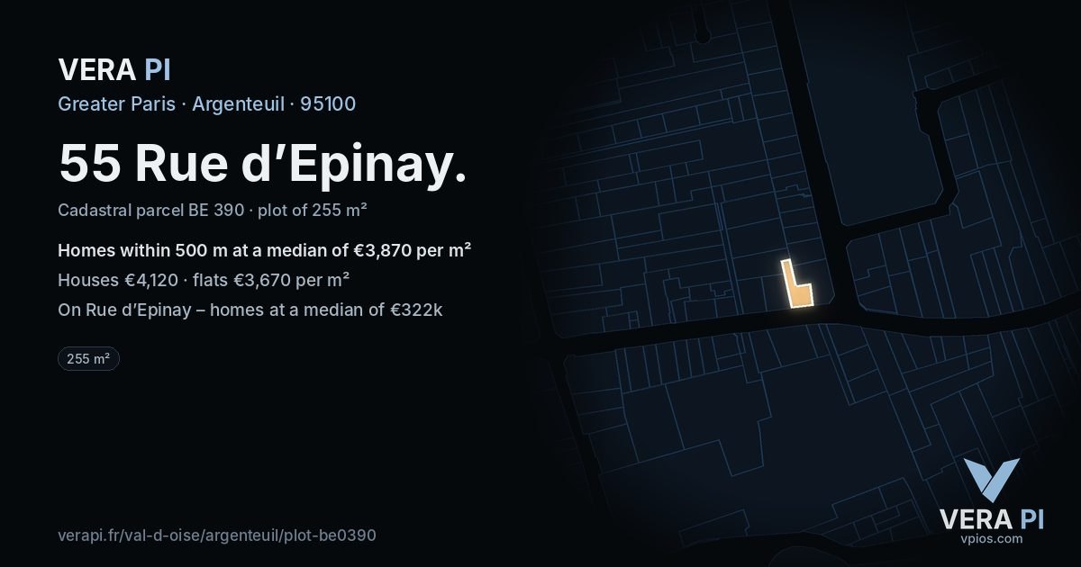 55 Rue d’Epinay, Argenteuil at night – the plot lit, the parcels around coloured by the prices near them