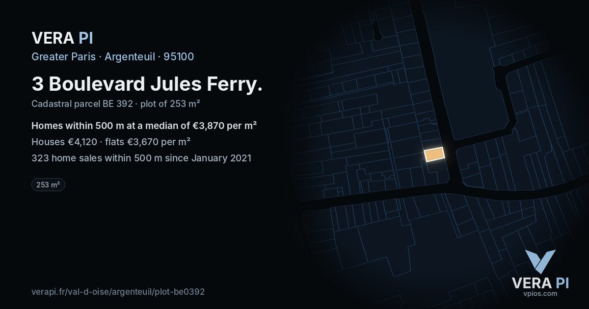 3 Boulevard Jules Ferry, Argenteuil at night – the plot lit, the parcels around coloured by the prices near them