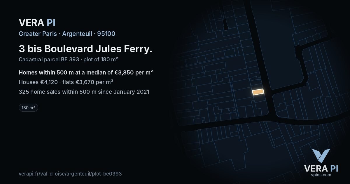 3 bis Boulevard Jules Ferry, Argenteuil at night – the plot lit, the parcels around coloured by the prices near them