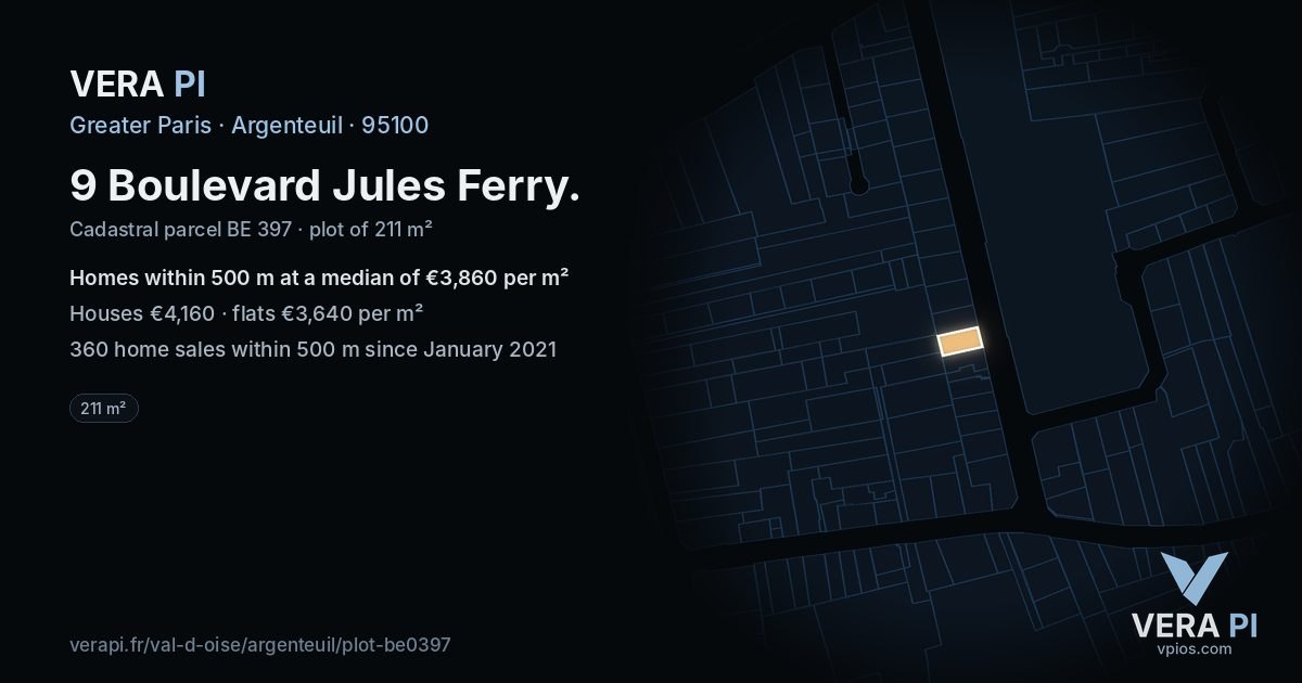 9 Boulevard Jules Ferry, Argenteuil at night – the plot lit, the parcels around coloured by the prices near them