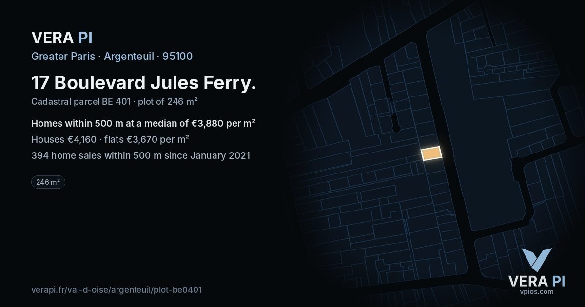 17 Boulevard Jules Ferry, Argenteuil at night – the plot lit, the parcels around coloured by the prices near them