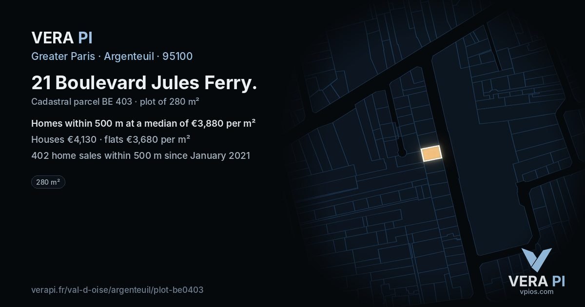 21 Boulevard Jules Ferry, Argenteuil at night – the plot lit, the parcels around coloured by the prices near them
