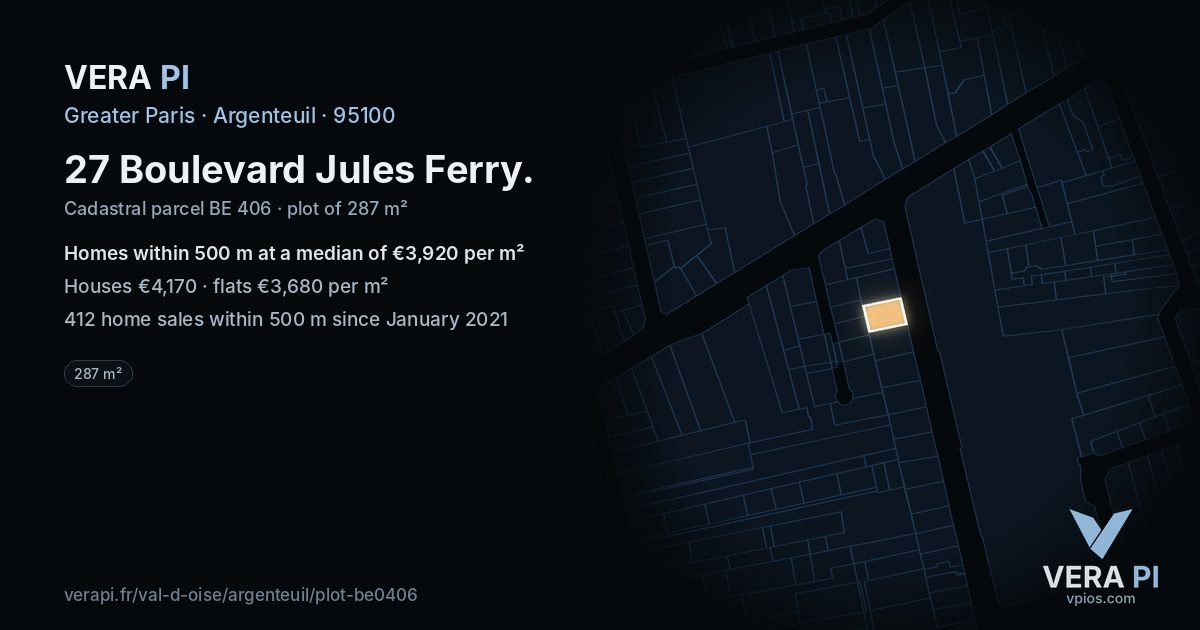 27 Boulevard Jules Ferry, Argenteuil at night – the plot lit, the parcels around coloured by the prices near them