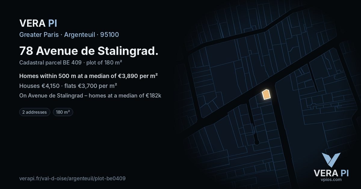 78 Avenue de Stalingrad, Argenteuil at night – the plot lit, the parcels around coloured by the prices near them