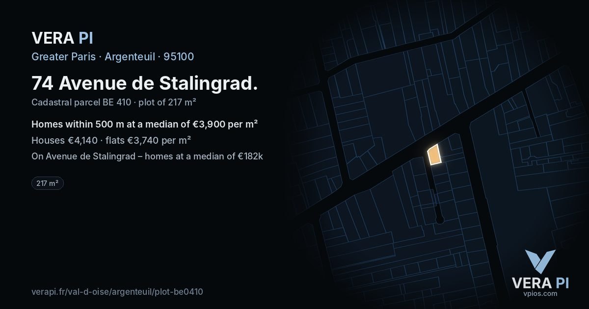 74 Avenue de Stalingrad, Argenteuil at night – the plot lit, the parcels around coloured by the prices near them