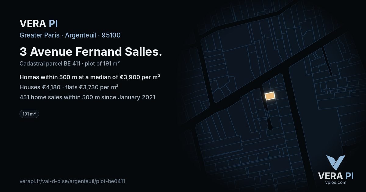 3 Avenue Fernand Salles, Argenteuil at night – the plot lit, the parcels around coloured by the prices near them