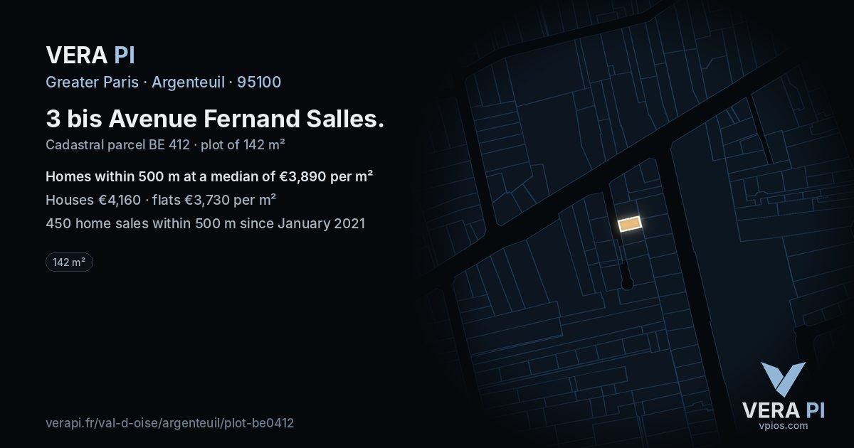 3 bis Avenue Fernand Salles, Argenteuil at night – the plot lit, the parcels around coloured by the prices near them