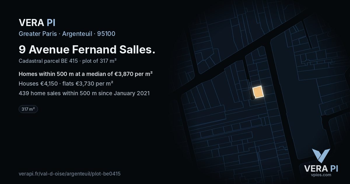 9 Avenue Fernand Salles, Argenteuil at night – the plot lit, the parcels around coloured by the prices near them