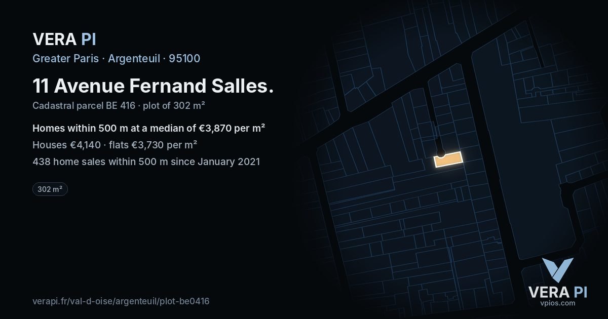 11 Avenue Fernand Salles, Argenteuil at night – the plot lit, the parcels around coloured by the prices near them