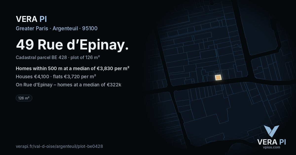 49 Rue d’Epinay, Argenteuil at night – the plot lit, the parcels around coloured by the prices near them