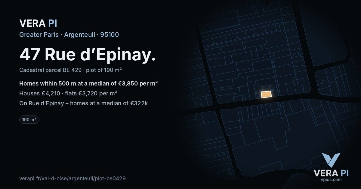 47 Rue d’Epinay, Argenteuil at night – the plot lit, the parcels around coloured by the prices near them