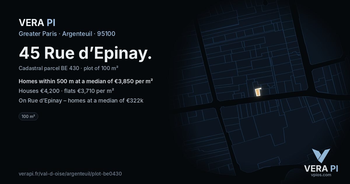 45 Rue d’Epinay, Argenteuil at night – the plot lit, the parcels around coloured by the prices near them