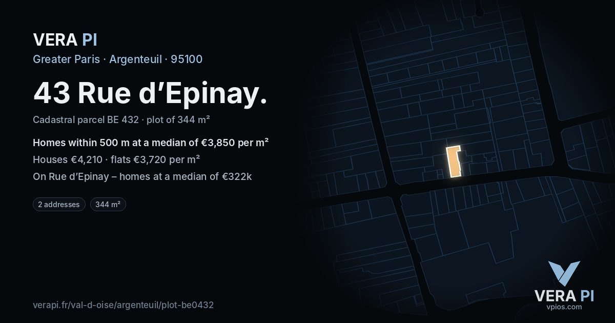 43 Rue d’Epinay, Argenteuil at night – the plot lit, the parcels around coloured by the prices near them