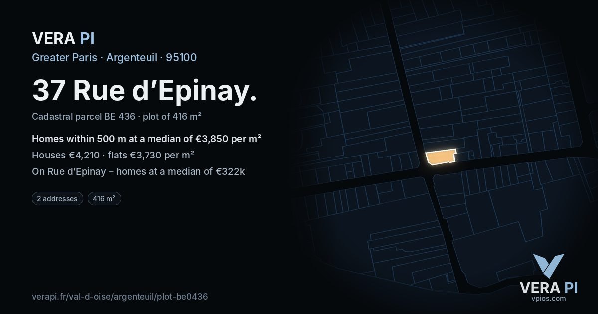 37 Rue d’Epinay, Argenteuil at night – the plot lit, the parcels around coloured by the prices near them